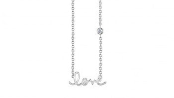 White Rhodium Sterling Silver Love Necklace with Bezel Set Diamond